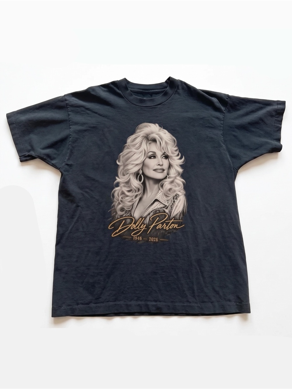 Gildan Black Short Sleeve Tee with Gold Dolly Parton Script - Picture 1 of 4